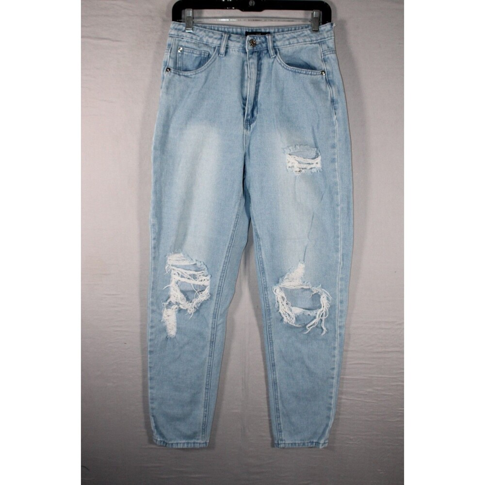 Missguided Riot Mom Jeans Womens US 6 Light Wash Distressed High Rise Denim Pant